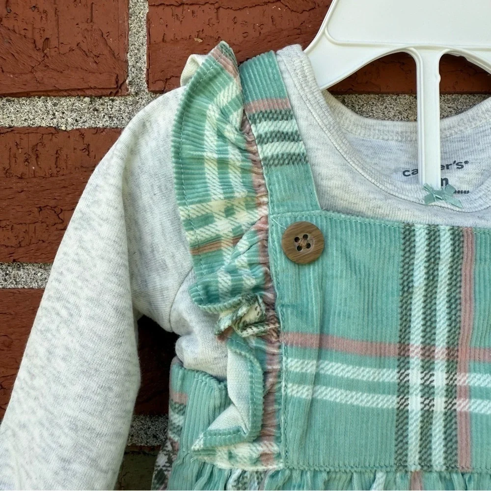 Carter’s Matching Three Piece NWT Green White Shirt + Dress + Tights Set 👶🏻